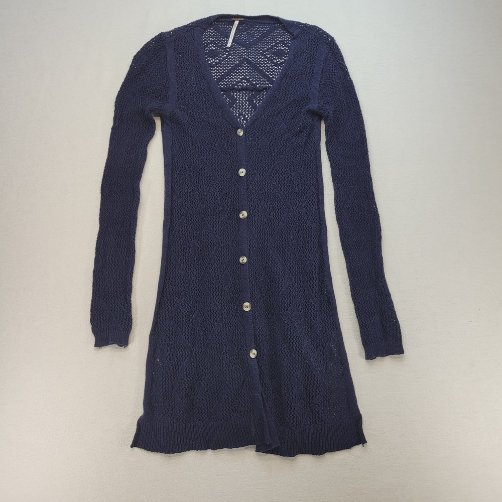 Free People Sweater Womens Small Navy Blue Crochet Open Knit Long Cardigan Boho‎